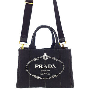 Prada Canapa Tote canvas handbag top handles 2way Black